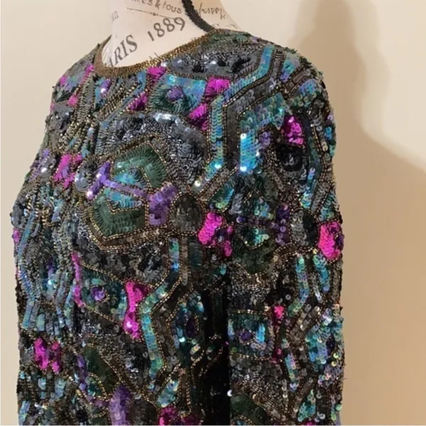 Vintage Art Deco 100% Silk Sequin & Beaded Top M - Image 5
