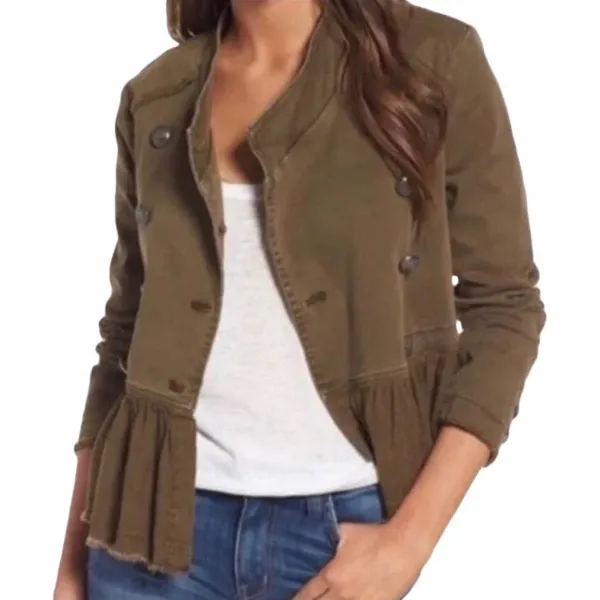 Free People Peplum Military Olive Green Ruffled Hem Double Breasted Jacket XS - Image 5