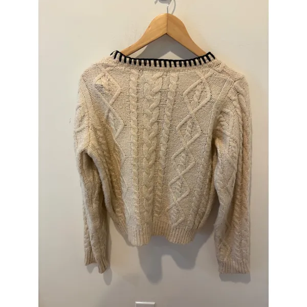 Mango MNG Cream Cable Knit Sweater Black Contrast Stitch Crew Neck Small - Image 3