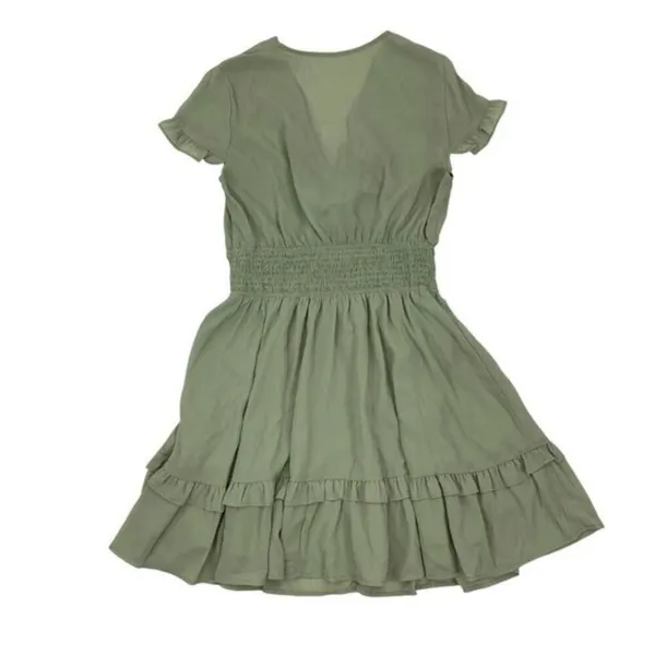 Women’s Ruffle Dress Large Green Short Sleeve‎ Front Tie - Image 4