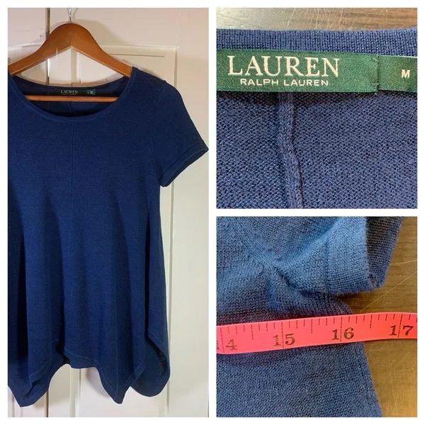 Lauren Ralph Lauren Knit Top‎ Womens Medium Handkerchief Hem Blue Classic Preppy - Image 2