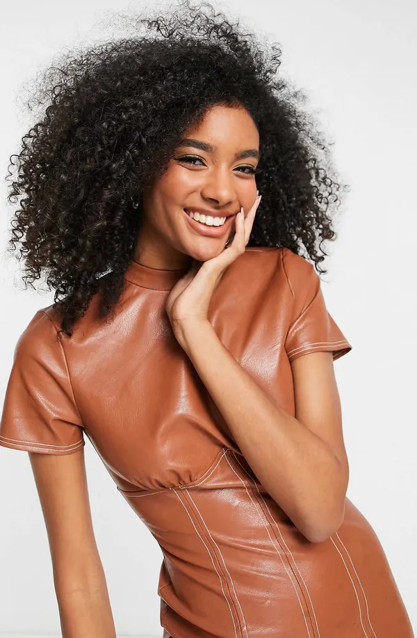 ASOS Brown Pleather Mini Dress - Image 3