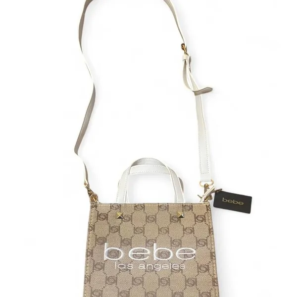 Bebe Talulla Mini Satchel Beige/Wht Handbag Purse Chic Structured Crossbody NWT - Image 2