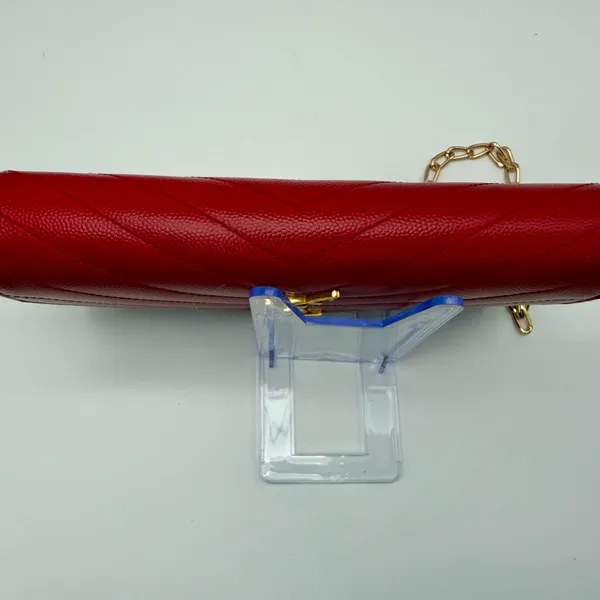 Yves Saint Laurent YSL Monogram Chevron Leather Clutch Crossbody Wallet with Chain Red - Image 12