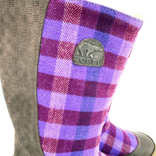 Sorel Women's Mackenzie Purple Plaid Tall Leather Wool Boots Size 7.5 - Image 2
