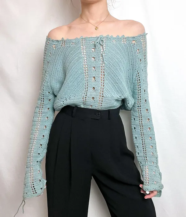 y2k blue boho crochet knit off shoulder sweater top by route 66 - Image 2