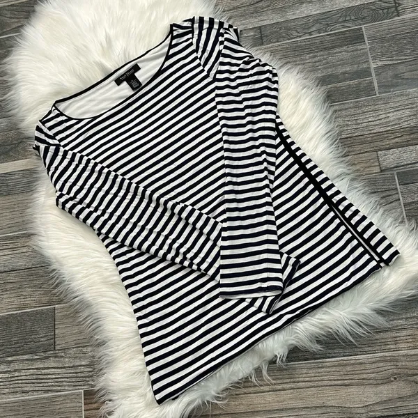 White House Black Market Navy and White Striped Long Sleeve Shirt - Image 3