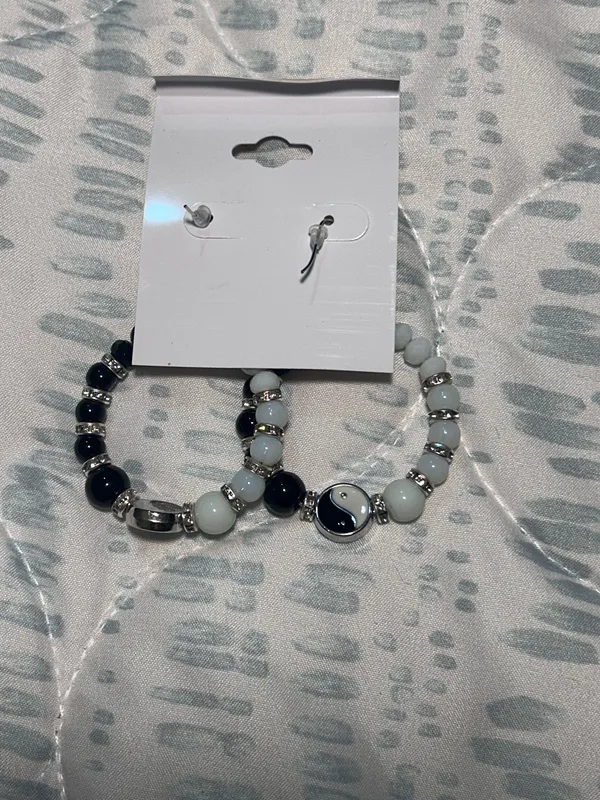 Beaded hoop earrings, Blossom brand, black and white yin yang design with silver accents - Image 4