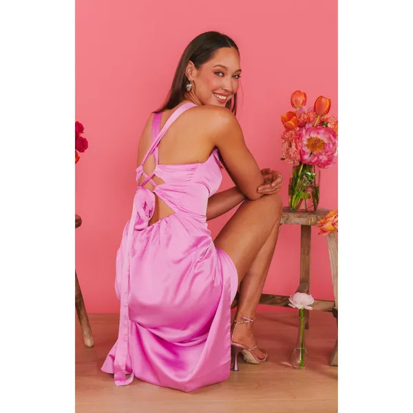 Show Me Your Mumu Mina Midi Dress Purple Pink Luxe Satin M NWT - Image 3