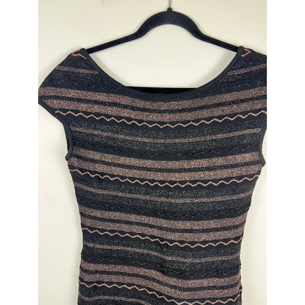 Peruvian Connection Black Gold Metallic Zig Zag Knit Cap Sleeve Mini Dress Small - Image 4