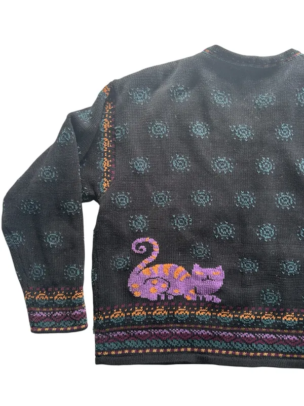 Vintage Cat Knit Sweater Jacket Sz L Novelty Folk Art Granny Cottage Whimsigoth - Image 9