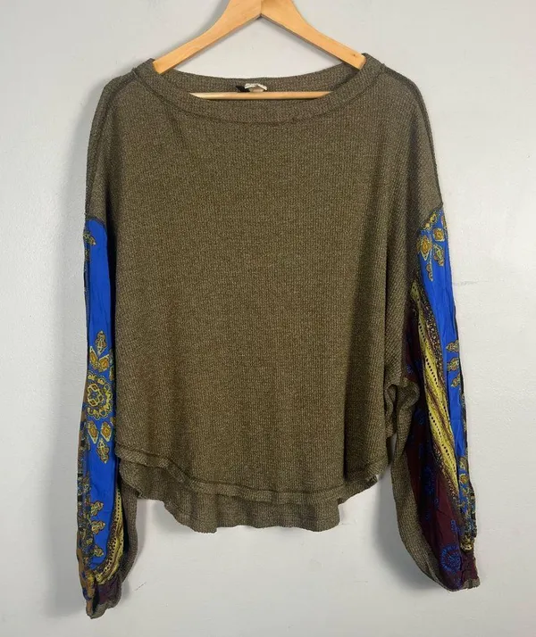 Free People We the Free Top Womens small Green Blouson Sleeve Waffle Oversized - Image 2
