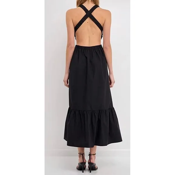 English Factory Dress Black Open‎ Back Crisscross Strap Tiered Midi Small NEW - Image 3