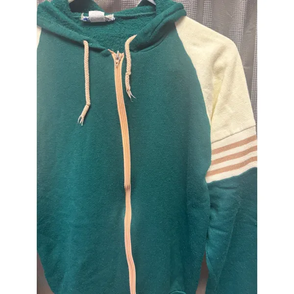 Vintage 70s Action Jacket Men' Size Med Made In USA Green Beige Zip Hood Retro - Image 4