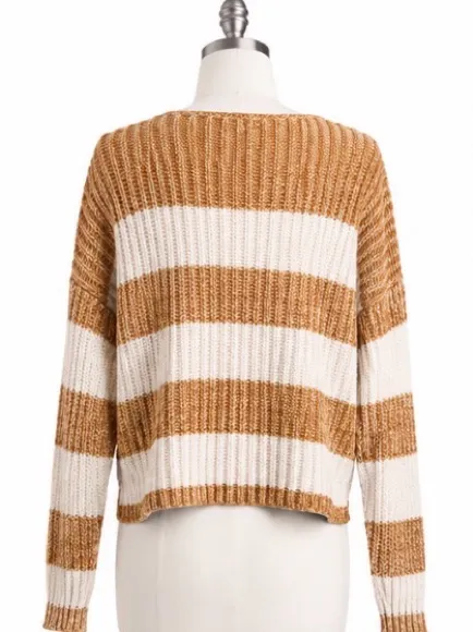 American Eagle Cropped Striped Henley Sweater Size Medium Tan Cream Chunky Knit - Image 3