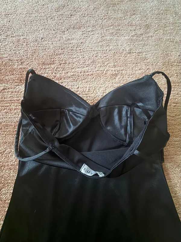 Popular 21 Black Satin Bodycon Mini Dress Size S Built-In Cups - Image 7