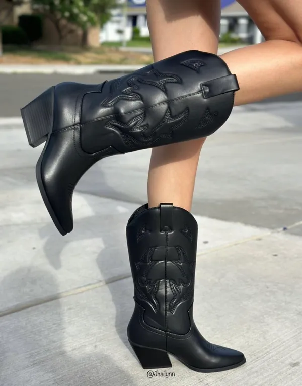 Soda Black Stitched Cowboy Boots - Image 2