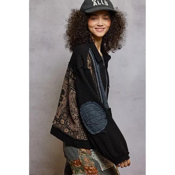 POL Black Bandana Patchwork Waffle Knit Quilted Jacket GKJ37 Womens Medium - Image 4