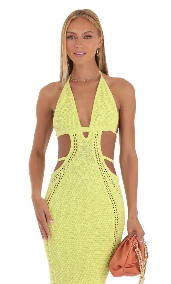 Crochet Cut-Out Dress in Neon Yellow Lucy in the Sky Small - Image 3