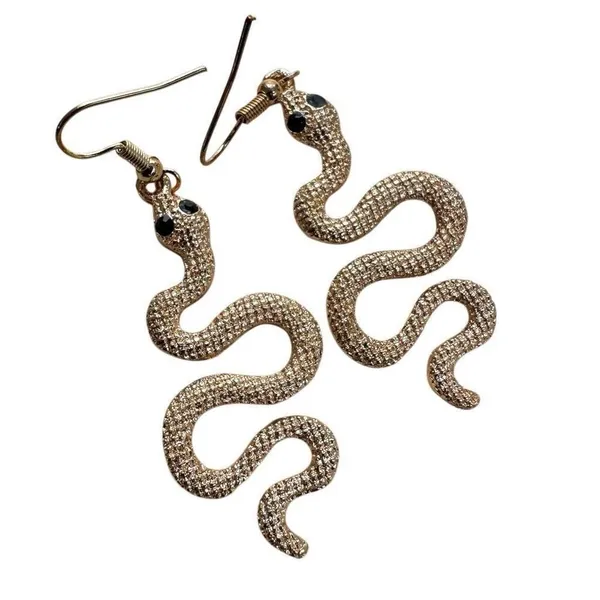 Gold Tone Snake Dangle Earrings with Black Eyes - Image 6