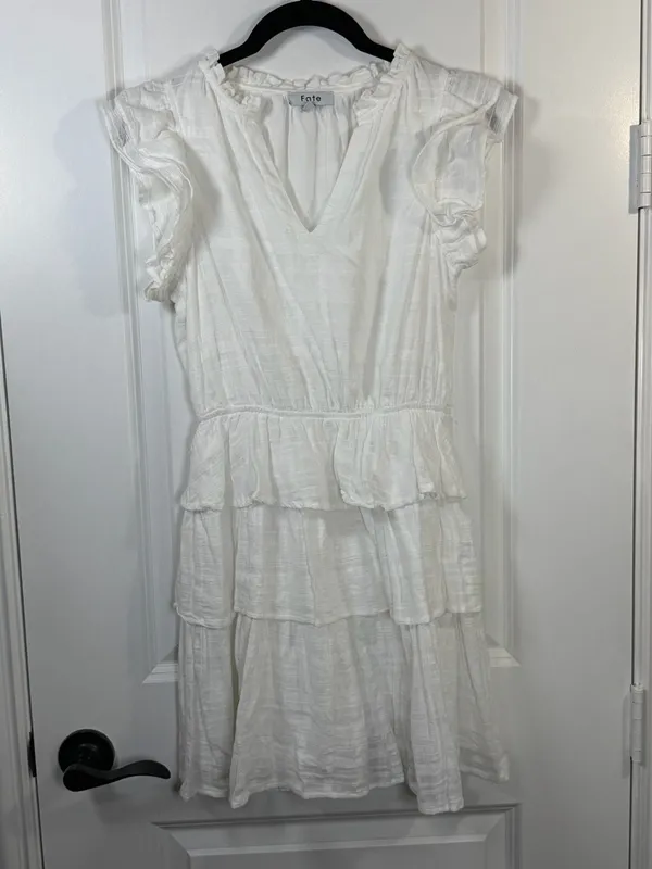 Fate White Cotton V-Neck Tiered Ruffle Mini Dress Size S - Image 3