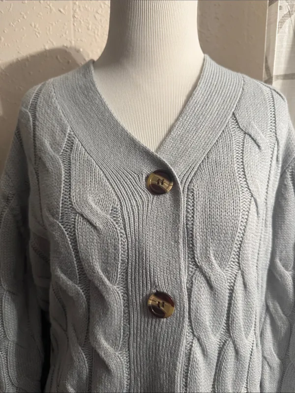 Women's Light Blue Cable-Knit Button Cardigan Sweater - Image 2