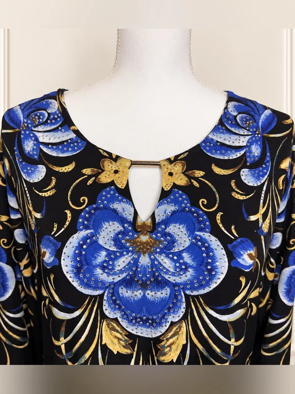 JM Collection Floral Rhinestone Keyhole Tunic Top M Black Blue Gold Floral Glam - Image 3