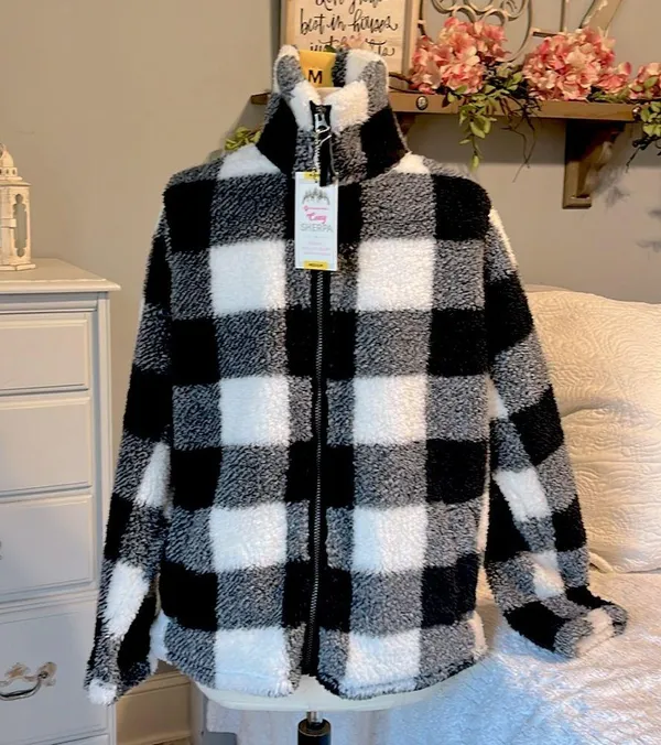 Sherpa Cozy Jacket Fluffy Zip Black White Buffalo Checkerboard Comfy Womens M - Image 2
