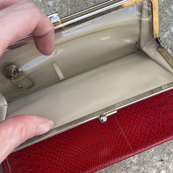 Vintage Python Embossed Wallet Womens OS Red‎ Kiss Lock Clutch Leather - Image 6