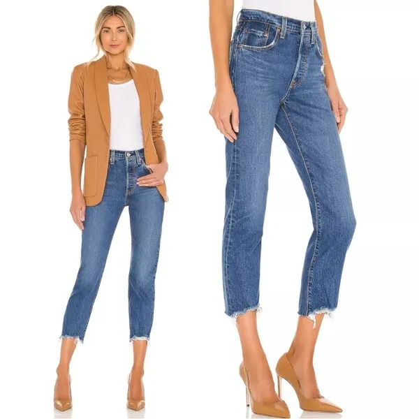Levi's 501 Premium Crop Jeans in Charleston Fun Size 27 Big E Distressed Raw Hem - Image 4