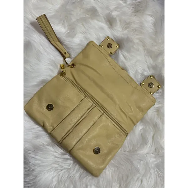 Daisy Fuentes Y2K Wristlet Clutch Purse Yellow Tan Gold Hardware Buckle Bag - Image 11