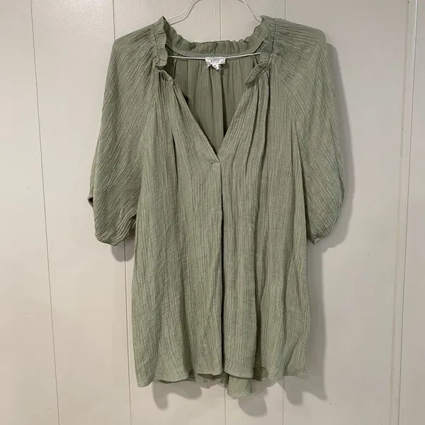 Blu Pepper Perch Sage Green Crinkle Tunic Blouse V Neck 3X Plus Size - Image 3