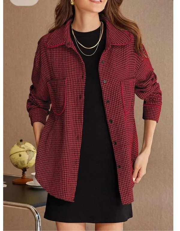 NEW Houndstooth Shacket Jacket Long Sleeve Button Down Shirt XL Red - Image 5