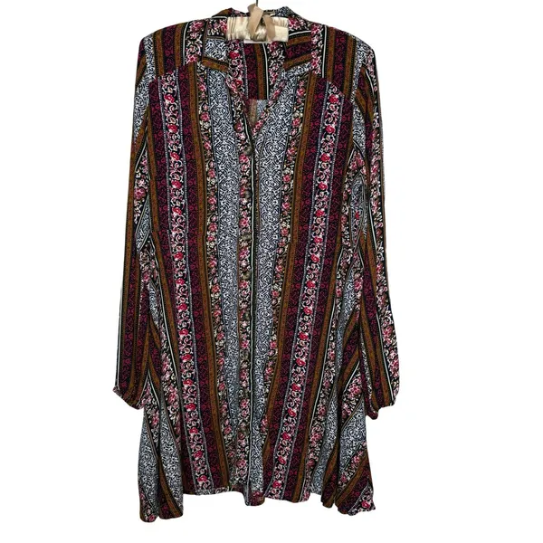 Natural Life‎ M Ansley Boho Tunic Silky Shirt Dress Stripe Button Front - Image 7