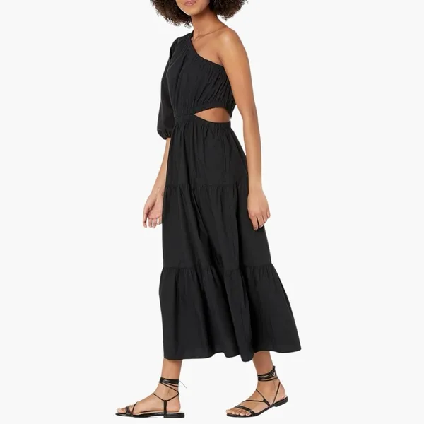 The Drop One Shoulder Cut-Out Tiered Midi Dress Large - Image 2