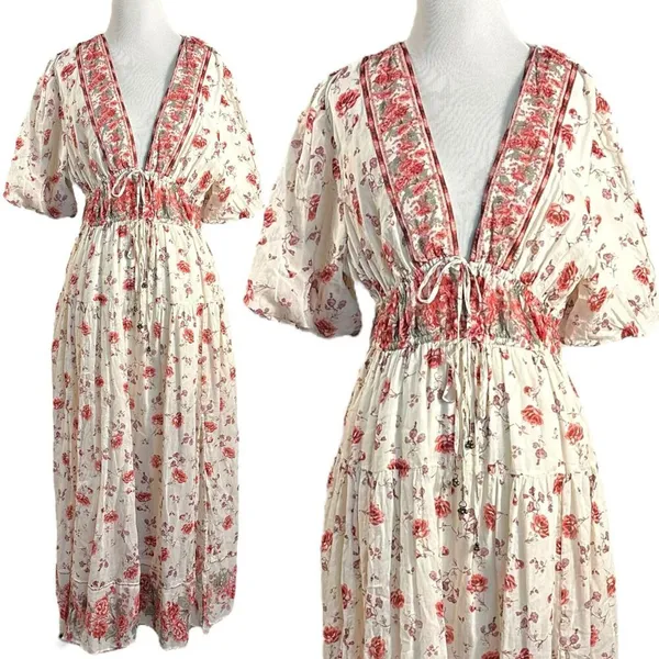 Free People Lysette Maxi Dress in Tea Combo Small Bohemian Gypsy Indian Cotton - Image 8