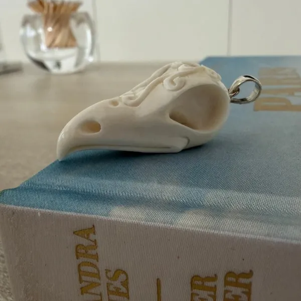 Hand Carved Raven Skull Pendant Sterling Silver - Image 2