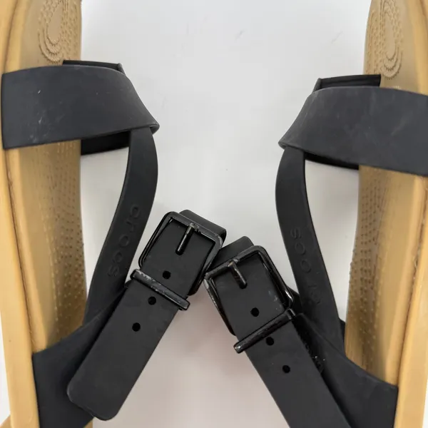 Crocs Tulum Toe Post Sandal Black Tan Women 7 Strappy Slip On Flip Flop Buckle - Image 8