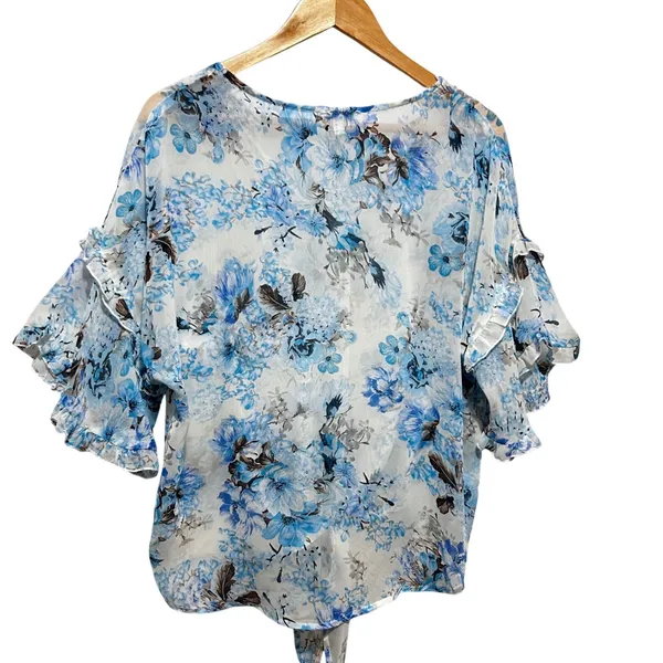 Umgee Women Top‎ S Blue Cottage Floral Chiffon Tie Front Ruffle Flutter Sleeve - Image 2