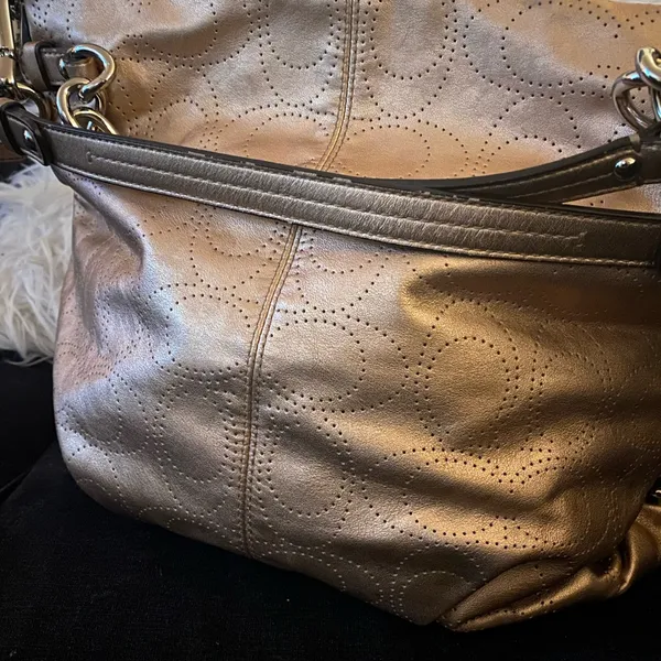 Coach Brooke Metallic Gold Leather Shoulder Bag Purse Signature Perforated Tote - Image 3