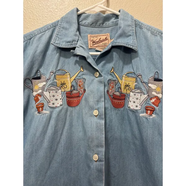 Woolrich Denim Shirt Womens Medium Embroidered Garden Teacher Artsy Vintage - Image 3