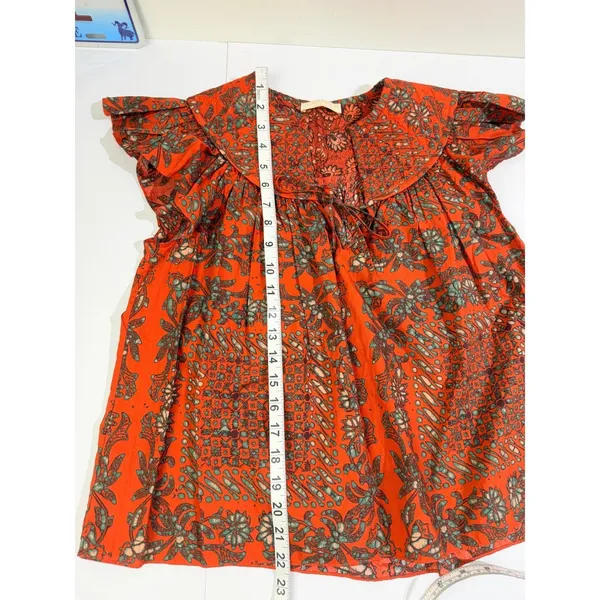 Ulla Johnson Kosta Top Printed V-Neck Blouse Ruffle Flutter Sleeve Orange XS 0 - Image 7