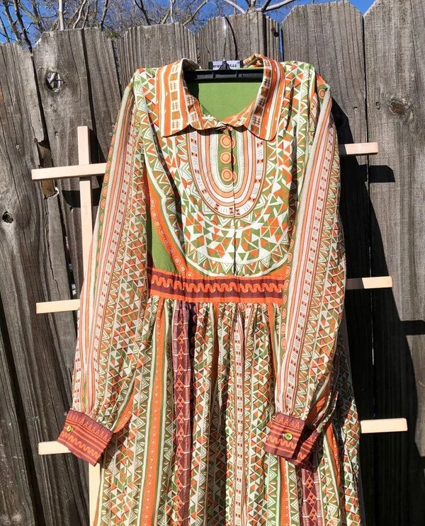 Mooerkerr Green/Orange Long Sleeve Maxi Dress Medium - Image 2