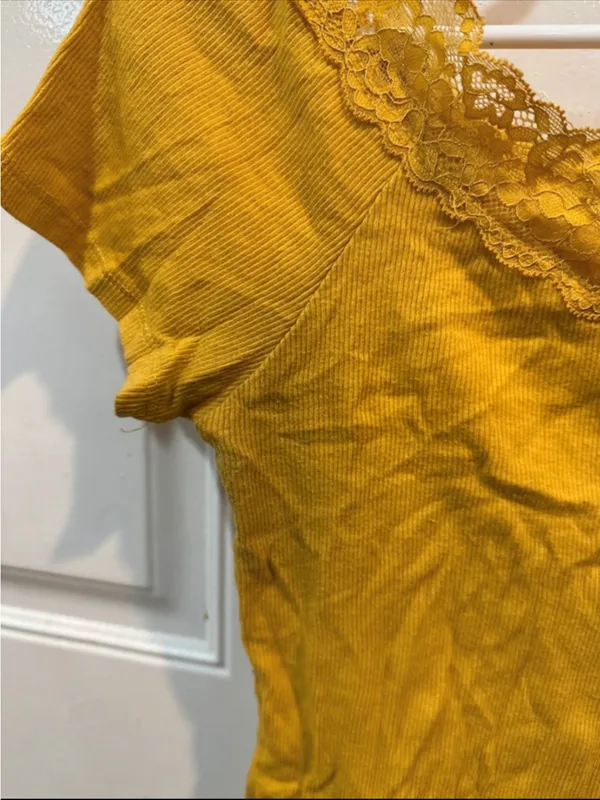 Ambiance Lace-Trim Scoop Neck Crop Top - Mustard - Image 3