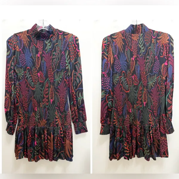 FARM Rio Frutis Dress Smocked Long Blouson Sleeve Drop Waist Multi Color Size XS - Image 5