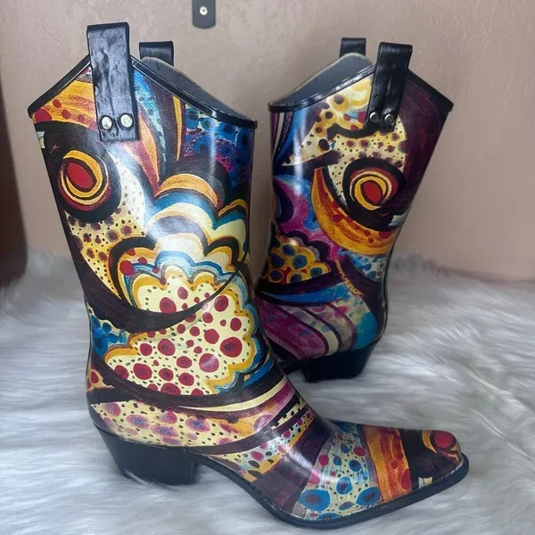 Nomad Yippy - Turquoise Monet Rubber Cowboy Boots Size 9 - Image 11