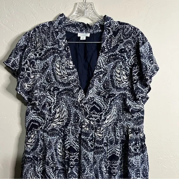 Sundance Sky Navy/White Flutter Sleeve Tiered Ruffle Boho Viscose‎ Dress - Image 4