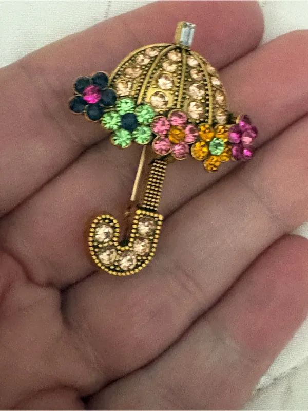 Jeweled Umbrella Parasol Brooch with Multicolor Crystal Flowers EUC - Image 3