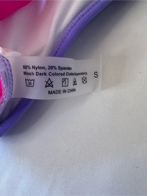 Colorblock Bandeau Bikini Set in Pink, Orange & Purple with Yellow Trim - Image 3