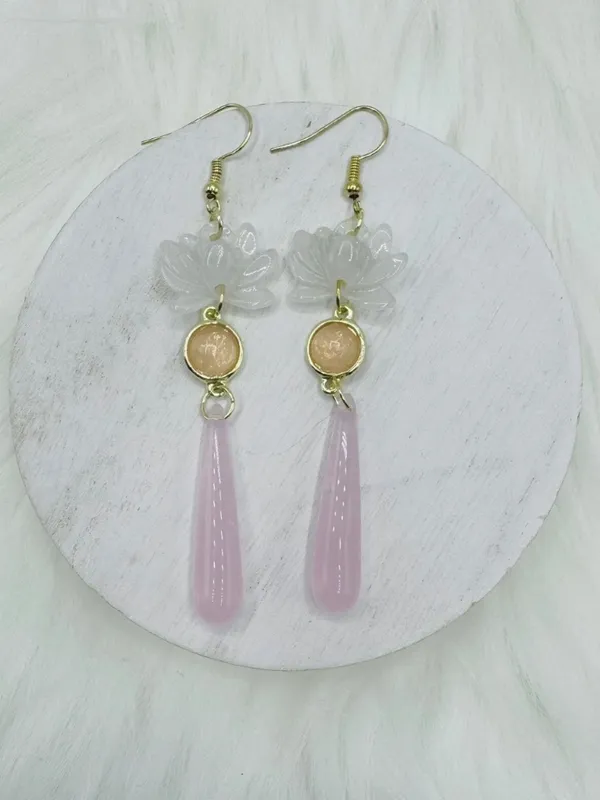 Pink and White Lotus Statement Earrings - Image 2